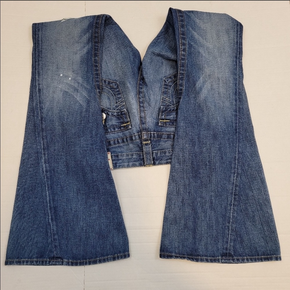 True Religion Blue Distressed Lace-Up Flare Jeans - Picture 3 of 12